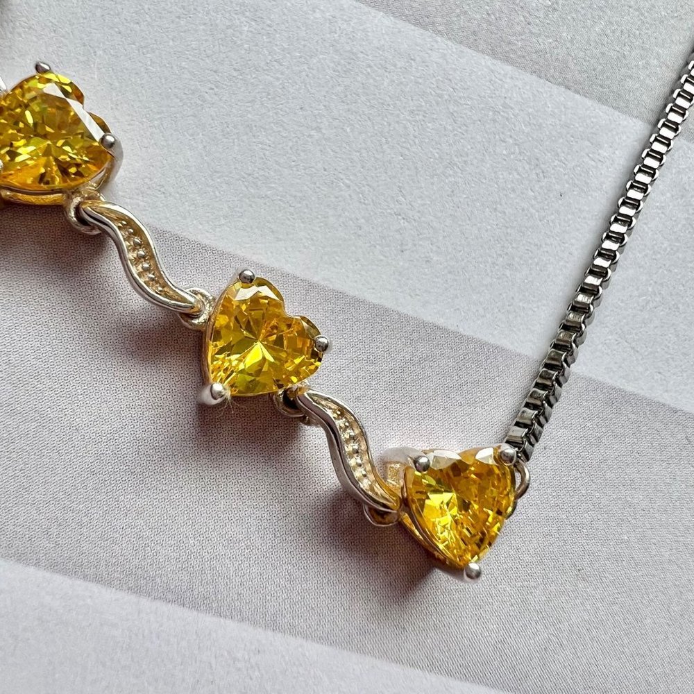 Signed 925 Silver Toggle Bracelet Citrine Crystal Heart Stone Valentine - Picture 2 of 6
